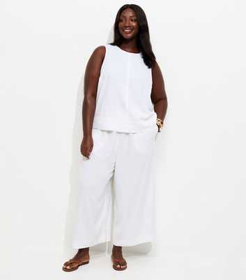 Curves White Linen Blend Cropped Drawstring Trousers
