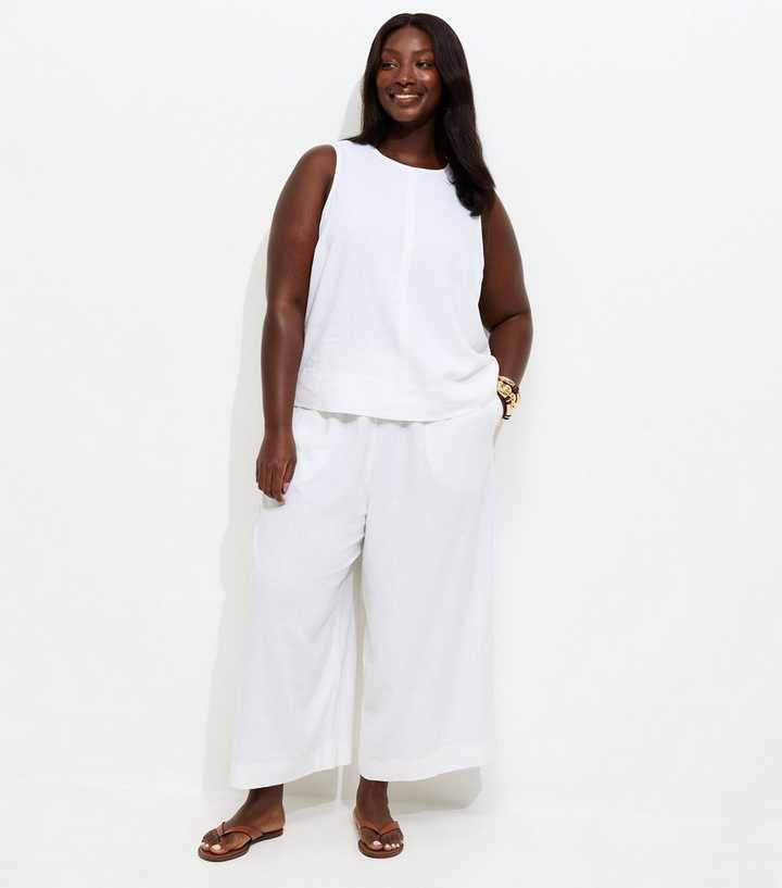 Curves White Linen Blend Cropped Drawstring Trousers