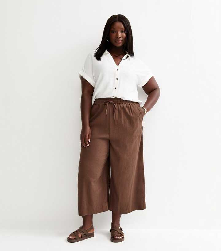 Curves Dark Brown Linen Blend Cropped Drawstring Trousers