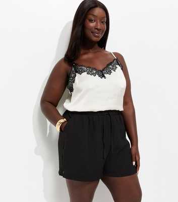 Curves Black Woven Drawstring Waist Shorts