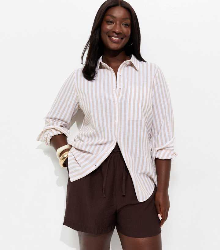 Curves Dark Brown Woven Drawstring Waist Shorts