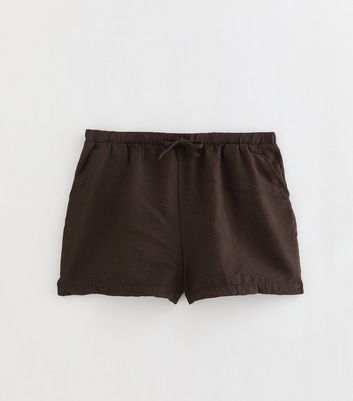 Curves Dark Brown Woven Drawstring Waist Shorts | New Look