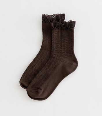 Dark Brown Herringbone Frilly Lace Ankle Socks