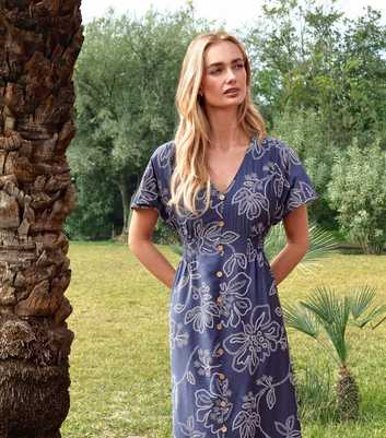 Blue Vanilla Blue Floral Button Front Midi Dress