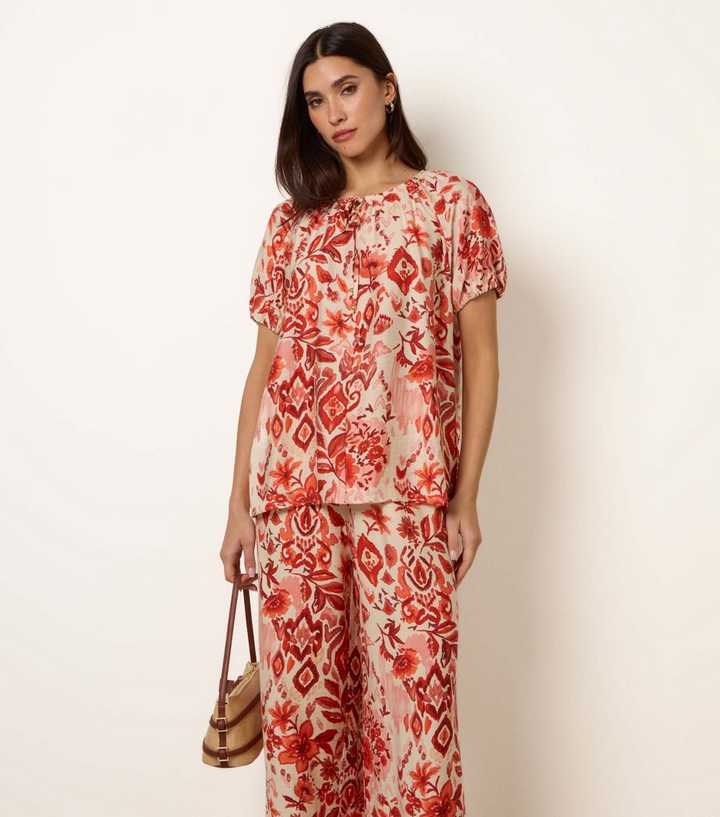 Blue Vanilla Orange Pattern Tie Front Top
