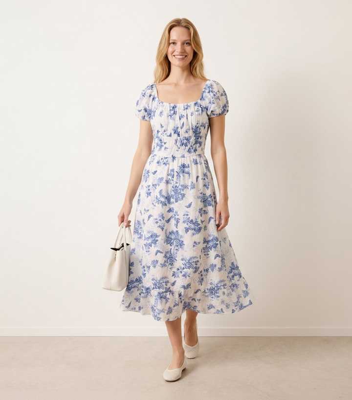 Blue Vanilla Blue Cotton Floral Puff Sleeve Midi Dress