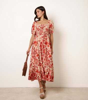 Blue Vanilla Orange Puff Sleeve Shirred Midi Dress