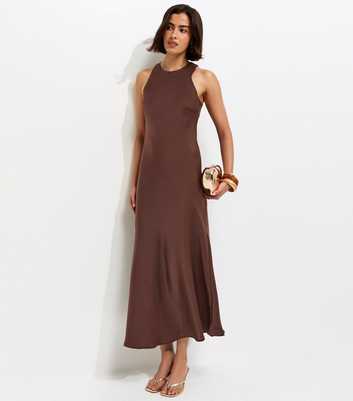Dark Brown Satin High Neck Maxi Dress