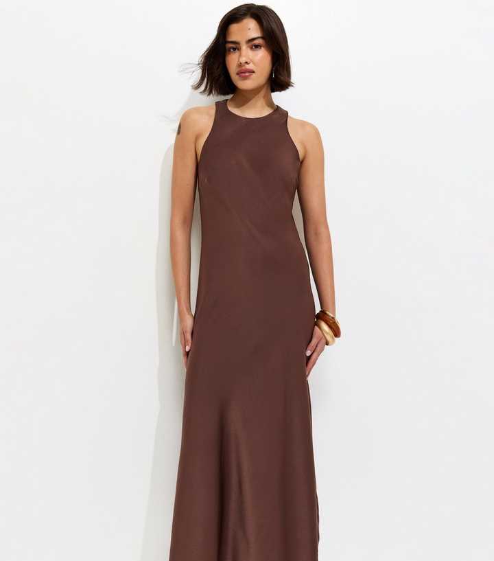 Dark Brown Satin High Neck Maxi Dress