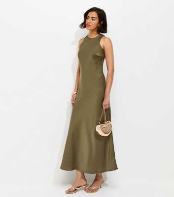 Khaki Satin High Neck Maxi Dress
