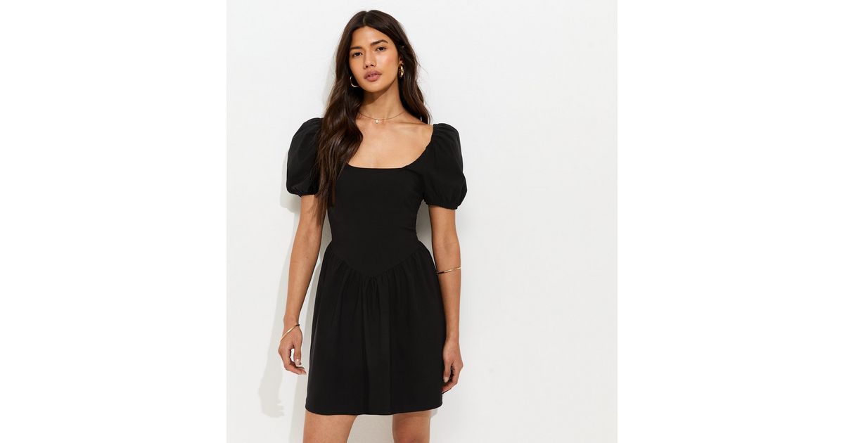 Black Puff Sleeve V Waist Mini Dress