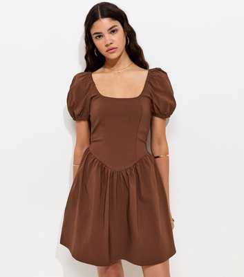 Dark Brown Puff Sleeve V Waist Mini Dress