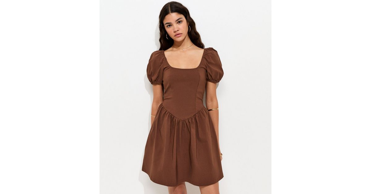 Dark Brown Puff Sleeve V Waist Mini Dress