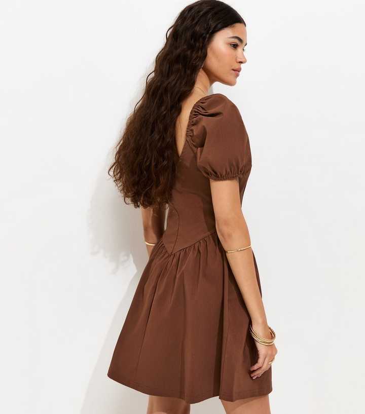 Dark Brown Puff Sleeve V Waist Mini Dress | New Look