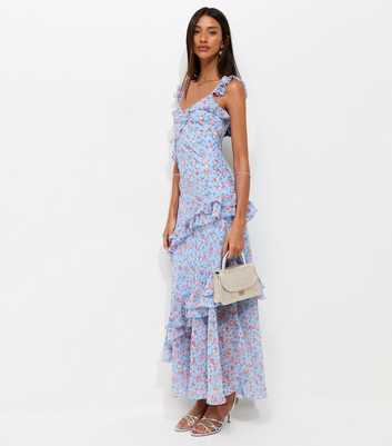 Blue Vintage Rose Print Ruffle Trim Midi Dress