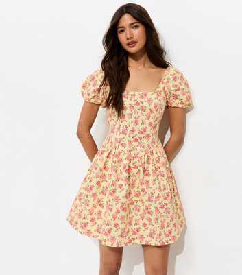 Yellow Floral Puff Sleeve Mini Dress