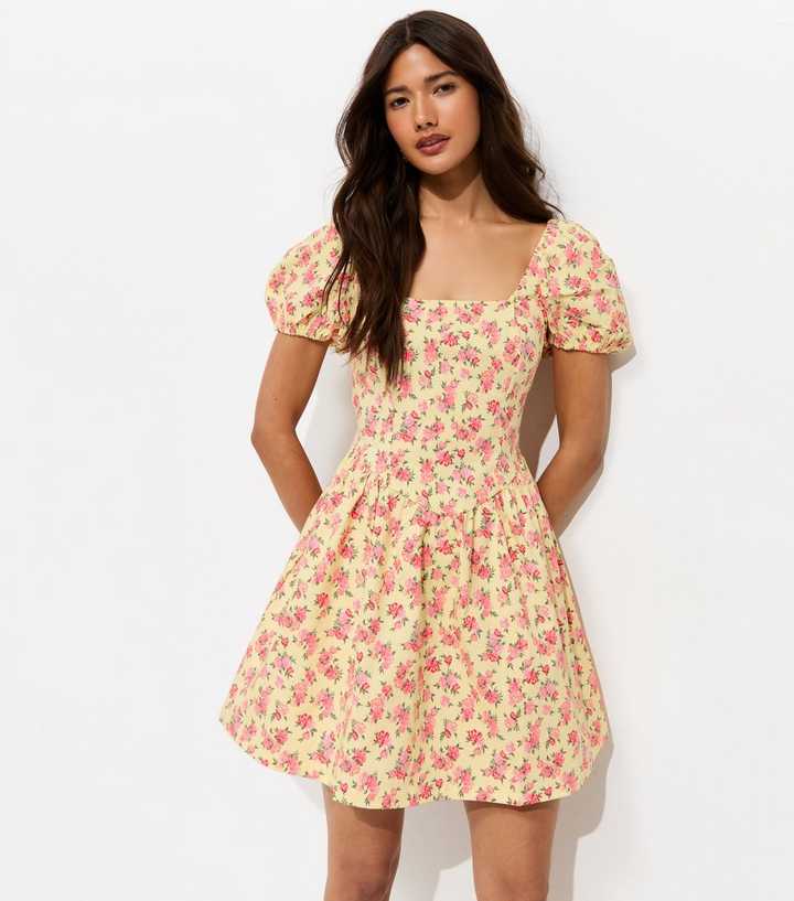 Yellow Floral Puff Sleeve Mini Dress