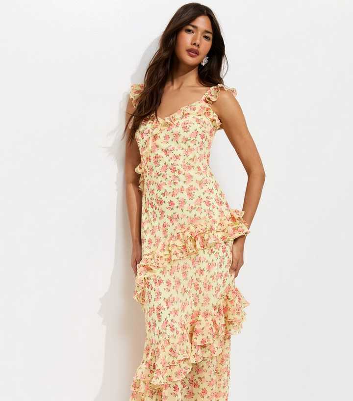Yellow Chiffon Floral Ruffled Maxi Dress | New Look