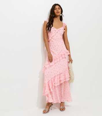 Pink Vintage Floral Print Ruffle Trim Maxi Dress