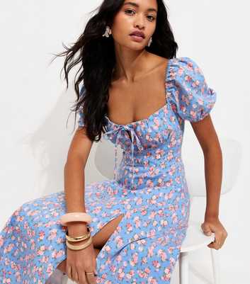Blue Rose Print Milkmaid Midi Dress