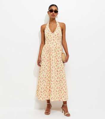 Yellow Floral Print Halter Neck Midi Dress