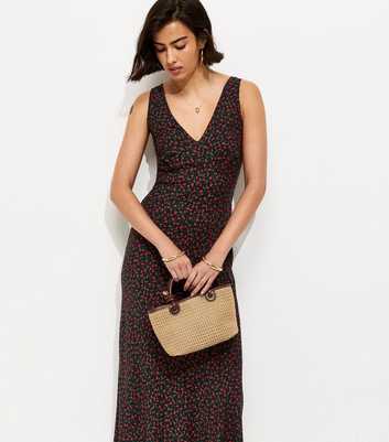 Black Rose Print V-Neck Midi Dress