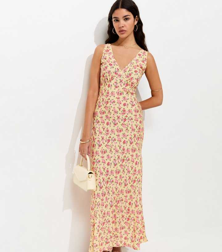 Yellow Floral Print V-Neck Bias Cut Midi Dress Yellow Floral Print V-Neck Bias Cut Midi Dress