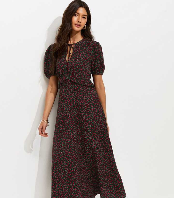 Black Floral Short Sleeve Keyhole Midi Dress
