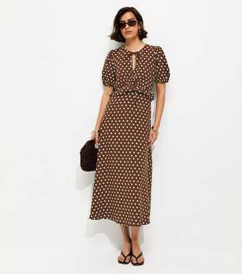 Brown Polka Dot Short Sleeve Keyhole Midi Dress