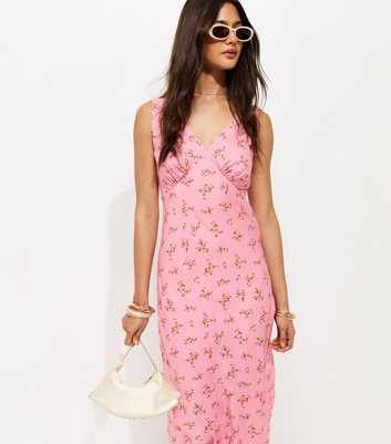 Pink Floral Print V-Neck Bias Cut Midi Dress