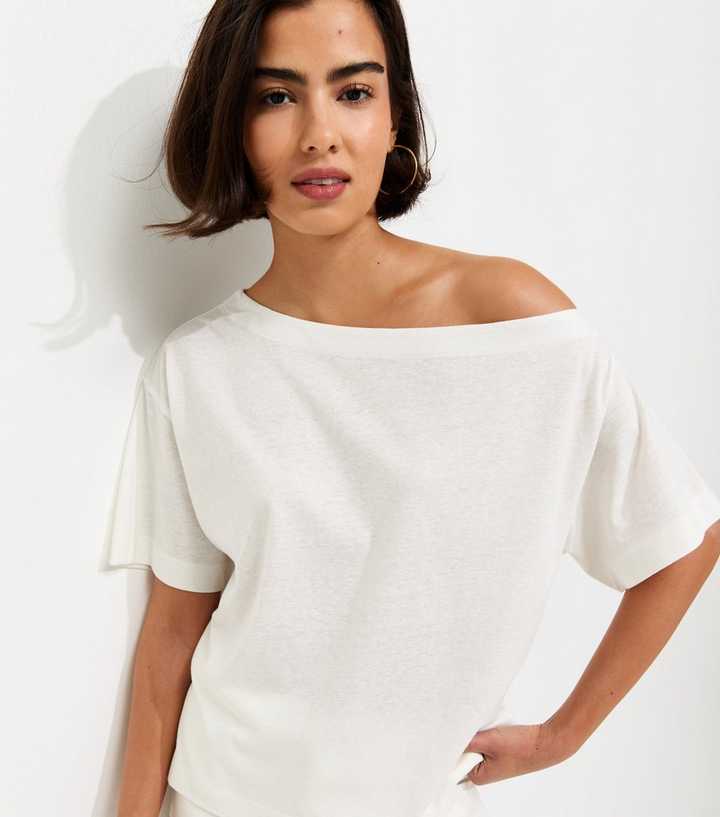 Cream Textured Off The Shoulder T-Shirt