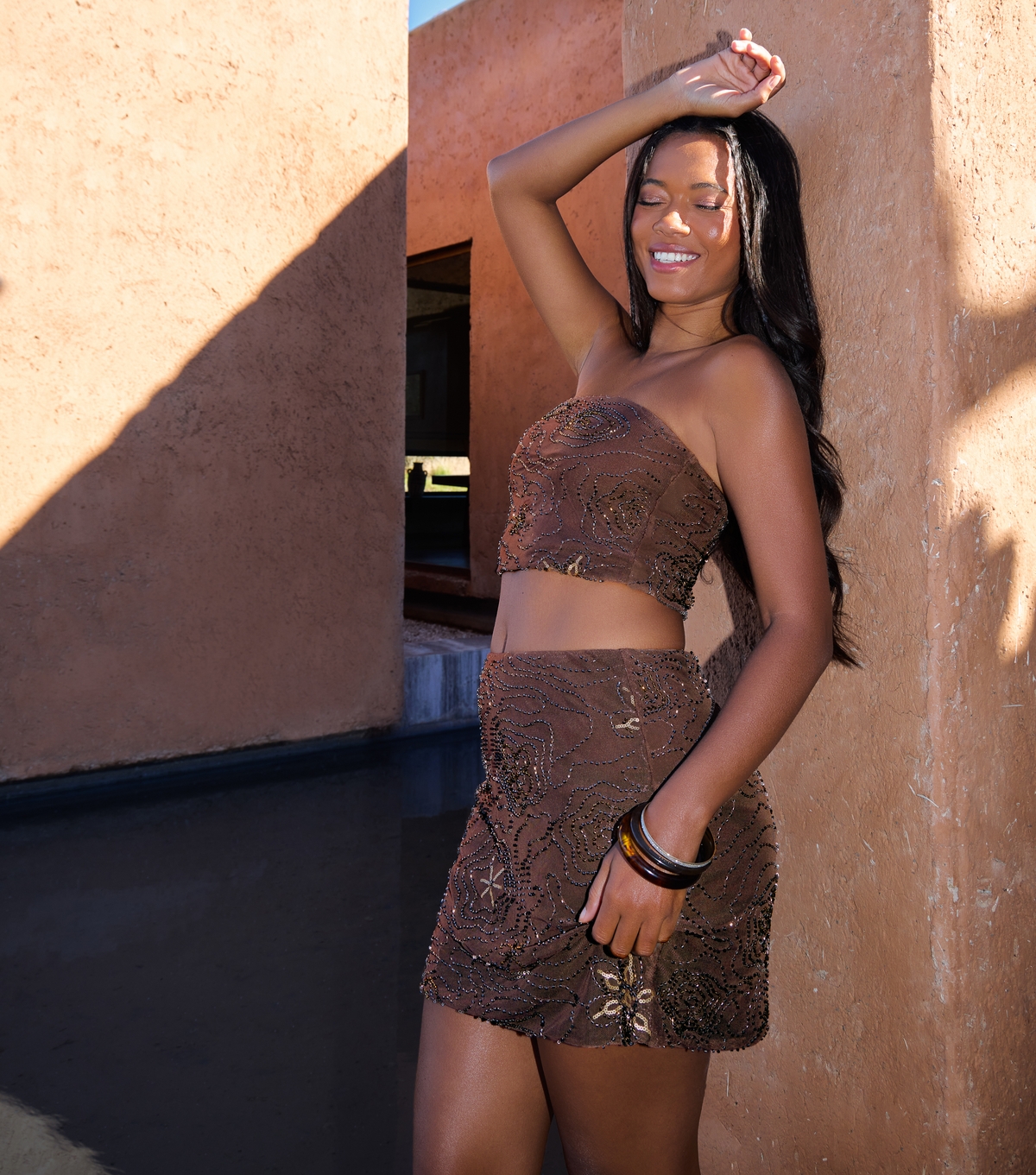 Pink Vanilla Women's Dark Brown Brown Sequinned Bandeau Top New Look
