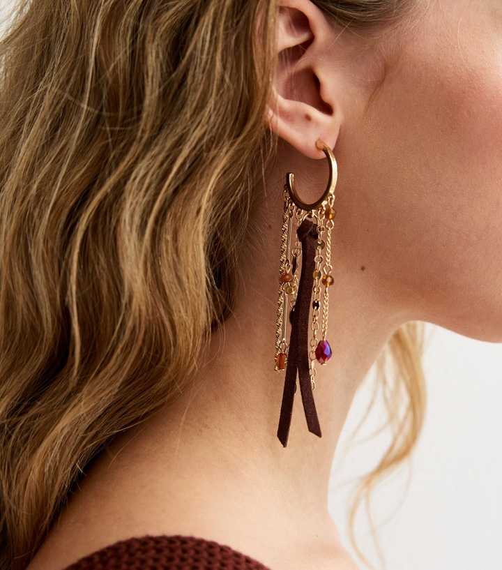 Gold Tone Boho Hoop Tassel Drop Earrings