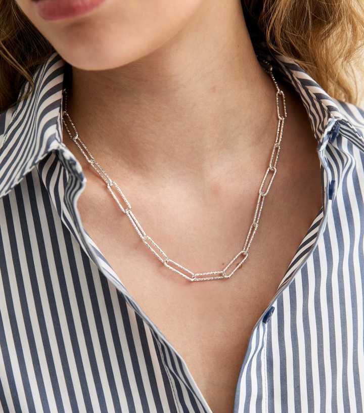 Silver Tone Textured Rectangular Link Necklace