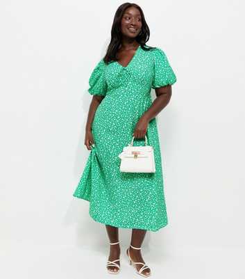 Curves Turquoise Crepe Ditsy Puff Sleeve Tie Midi Dress