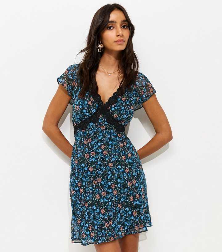 Black Floral Print Chiffon Cap Sleeve Mini Dress