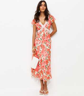 Pink Floral Print Lace Trimmed Chiffon Midi Dress