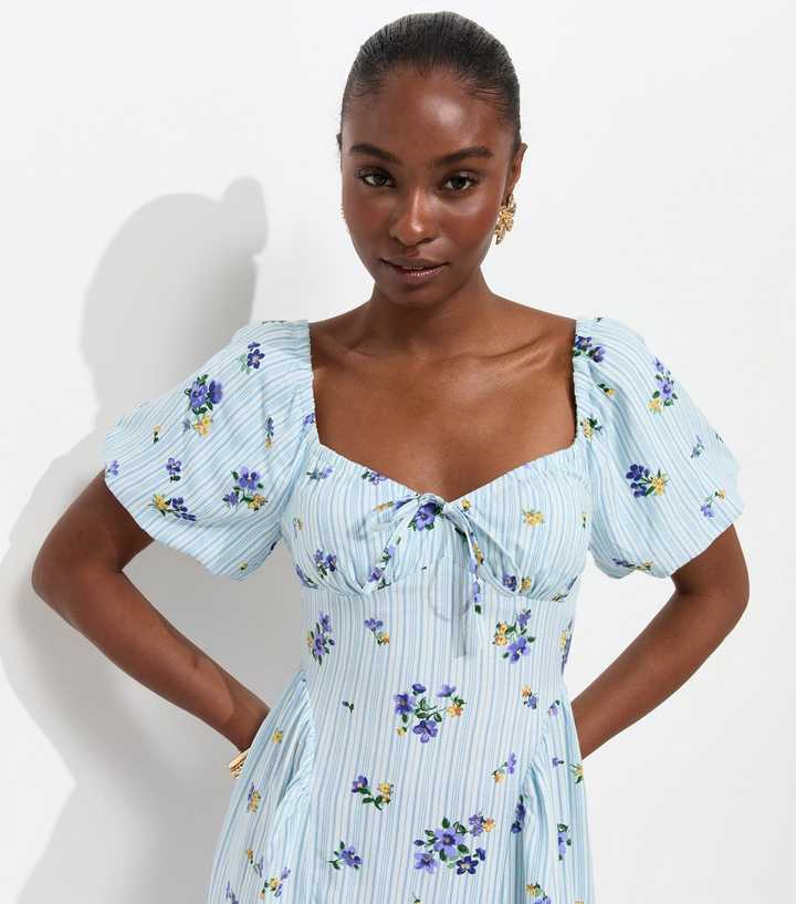Blue Floral Stripe Milkmaid Midi Dress | New Look