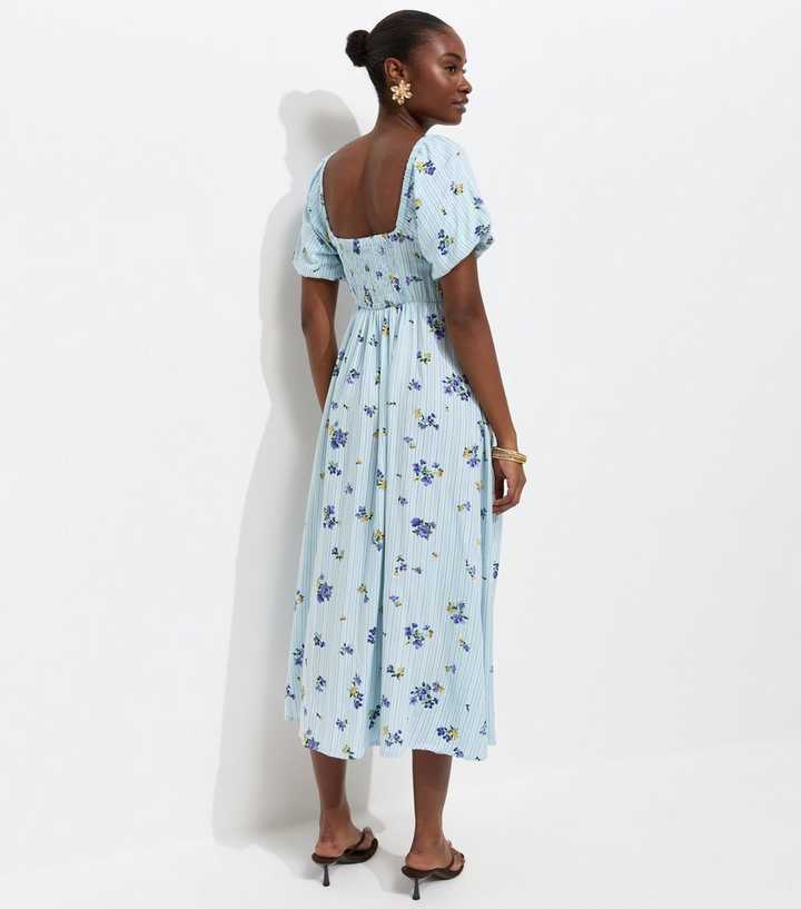 Blue Floral Stripe Milkmaid Midi Dress | New Look
