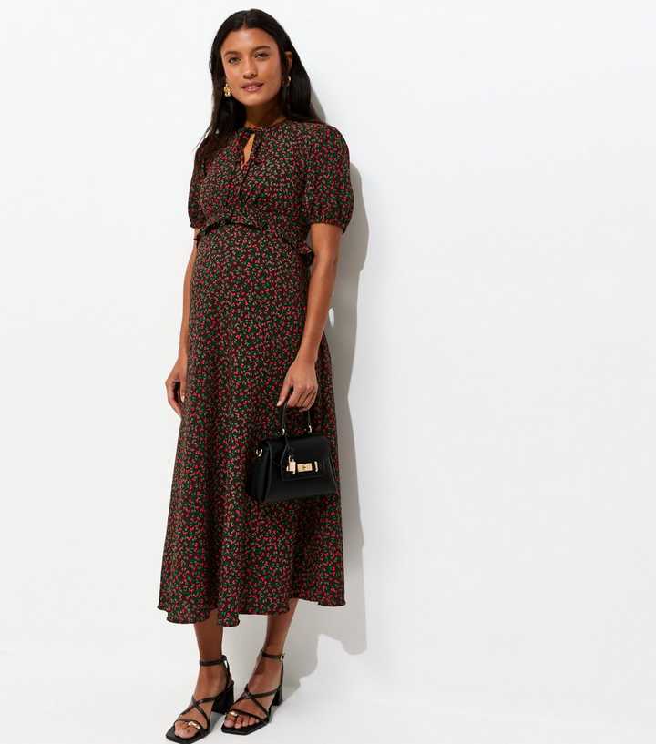 Maternity Black Ditsy Short Sleeve Keyhole Midi Dress | New Look
