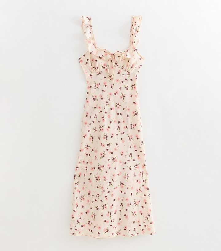 Maternity Cream Floral Ruff Strappy V Midi Dress