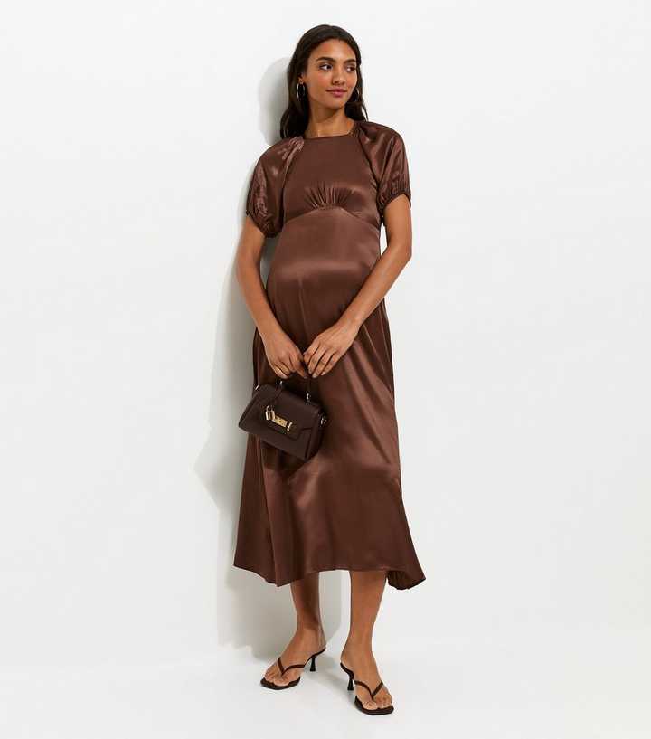 knee length dresses for ladies Brown Knit Contrast Top Satin Maternity Midi Dress – PinkBlush main image 0