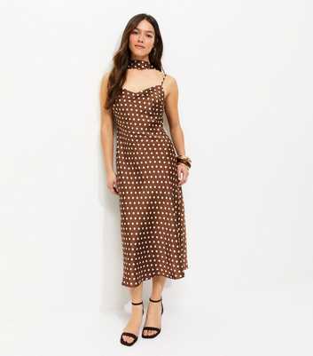 Petite Brown Polka Dot Scarf Trim Satin Midi Dress