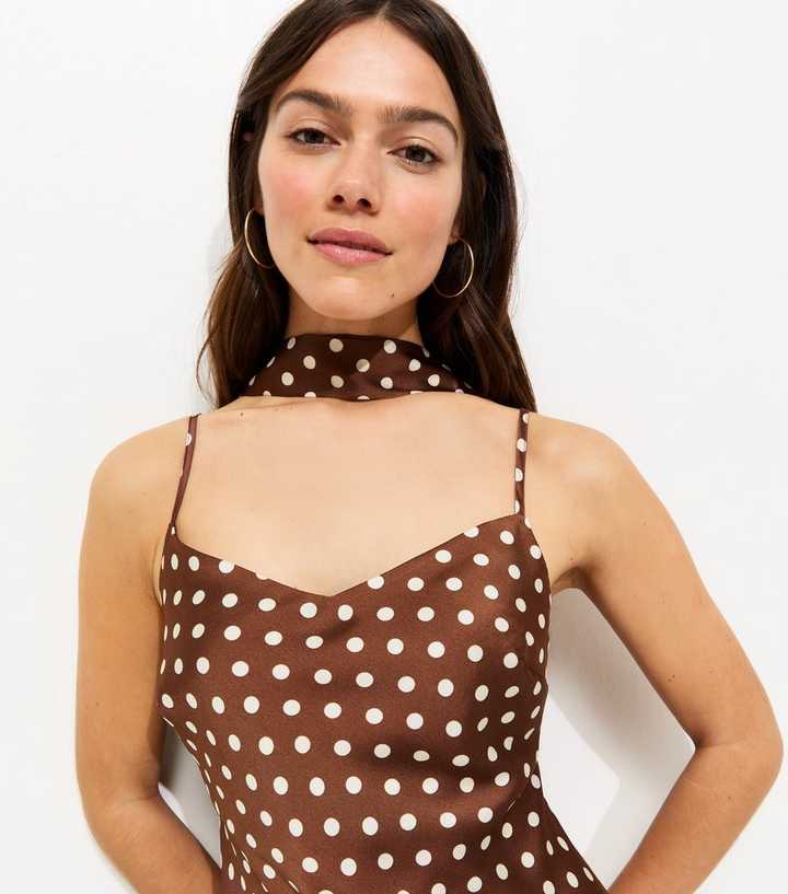Petite Brown Polka Dot Scarf Trim Satin Midi Dress | New Look Petite Brown Polka Dot Scarf Trim Satin Midi Dress | New Look