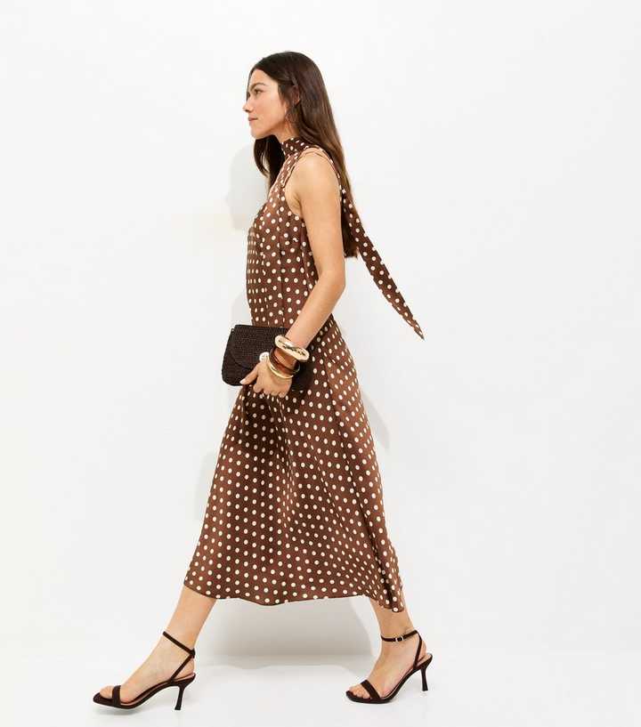 brown polka dot dress with scarf Women's Brown Polka Dot Chiffon Scarf Detail Maxi Dress | Kathani