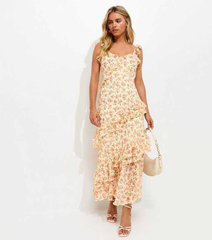 Petite Yellow Floral Print Ruffle Trim Maxi Dress