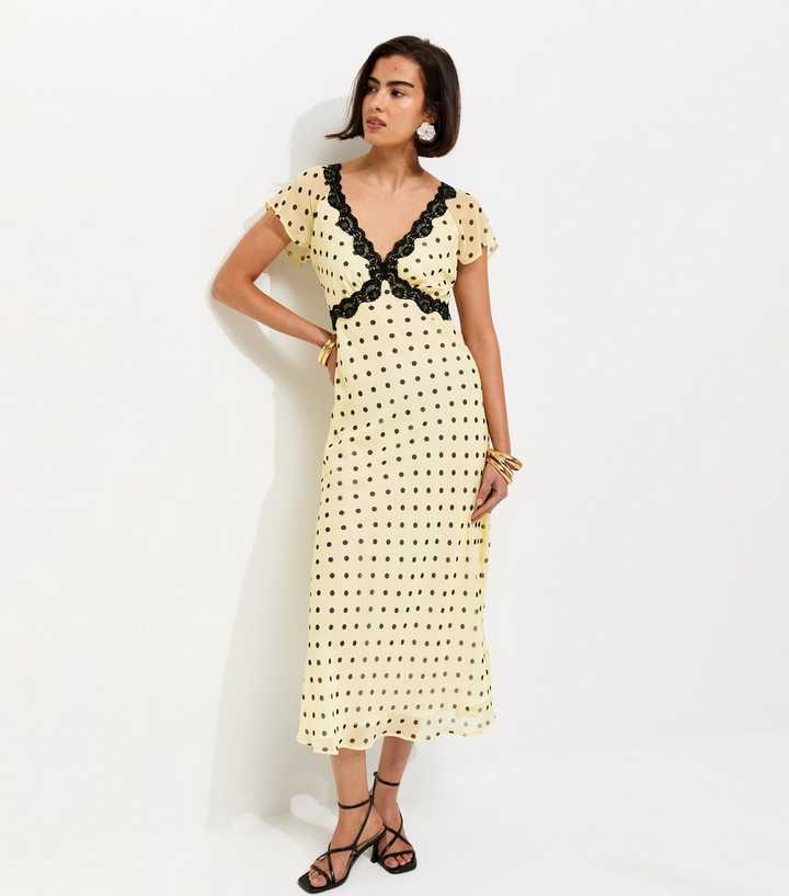 Yellow Spot Print Chiffon Lace Trim Cap Sleeve Midi Dress