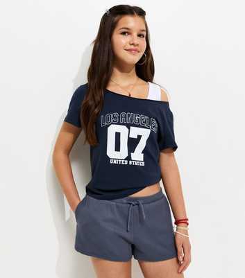 Girls Navy Waffle Texture Drawstring Waist Shorts