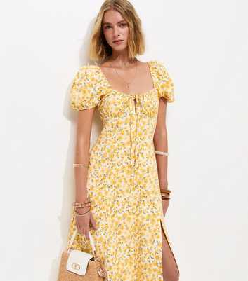 Yellow Floral Print Milkmaid Split Front Midi Dress
