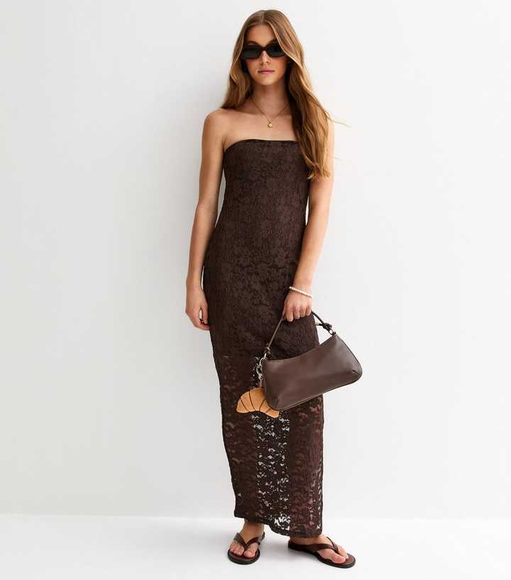 Girls Brown Lace Bandeau Maxi Dress